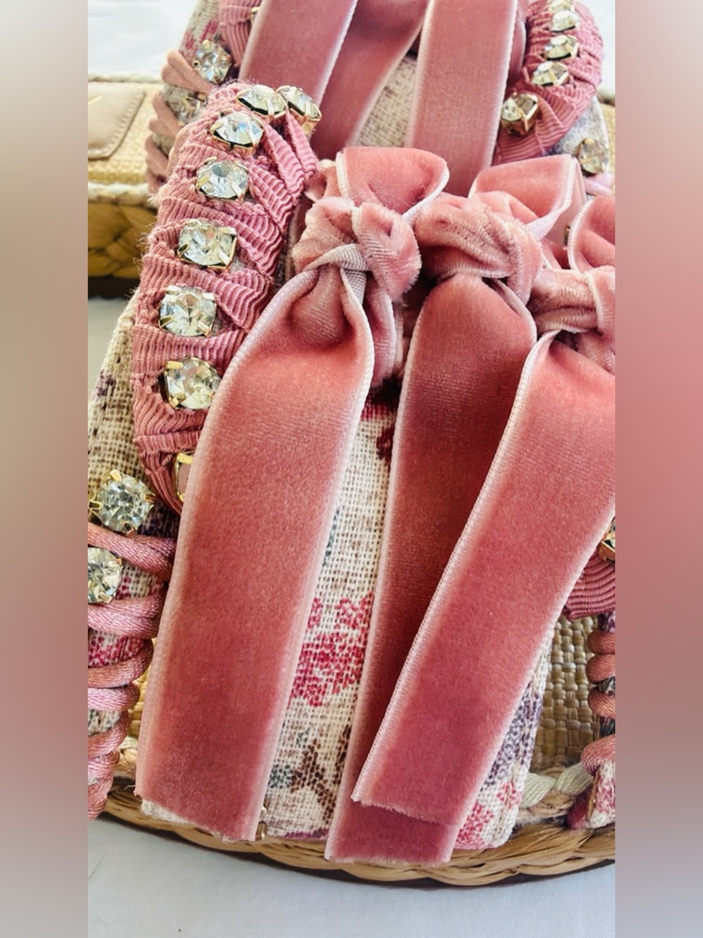 Sam Edelman Wyatt Sz 8 Pink Mixed media ribbon &  Rhinestone Sandals NEW - Picture 13 of 16